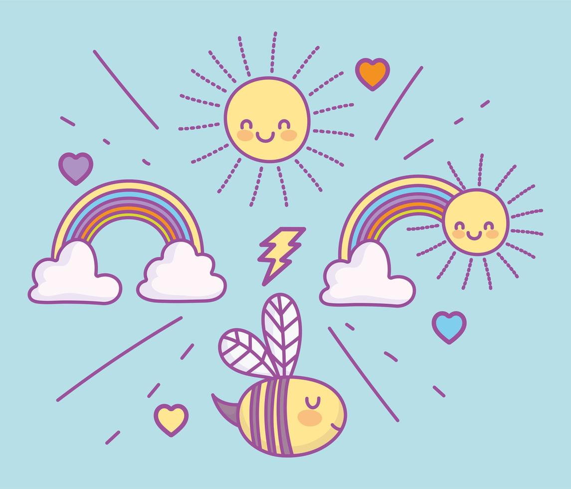 schattige vliegende bij met regenbogen en zon vector