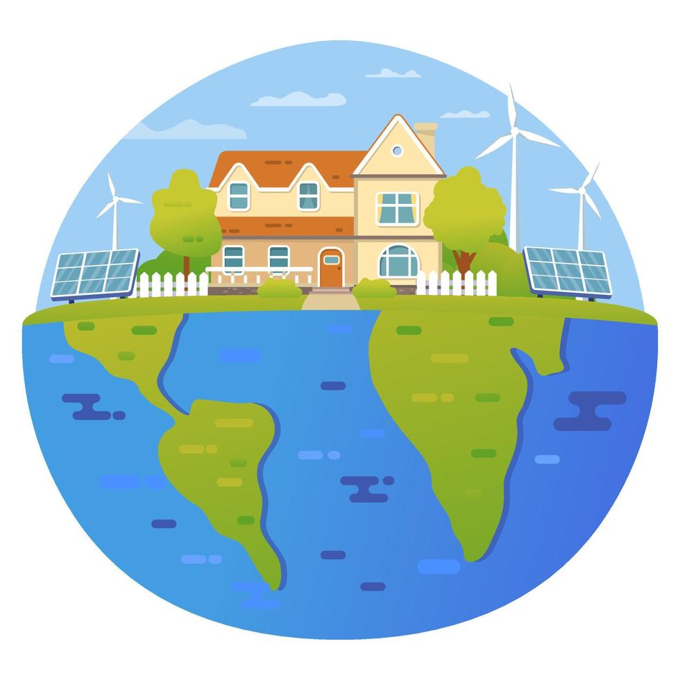 eco energie hernieuwbaar huis. zonne, wind stroom. planeet kaart. vector illustratie. milieuvriendelijk thuis.stedelijk landschap. zonne- energie,wind stroom. alternatief energie huis.