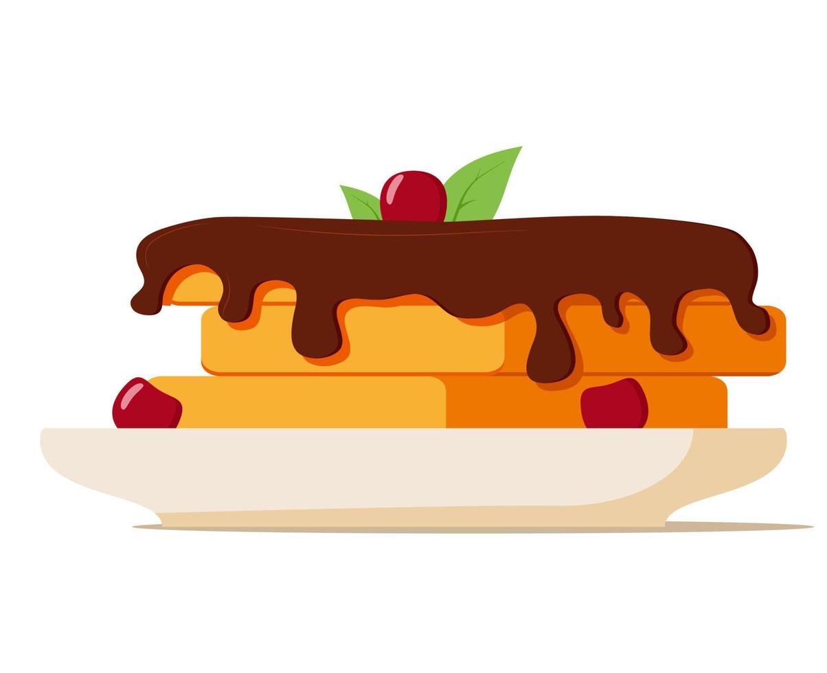 wafel en druipend chocolade.wafels Aan een bord met cherry.belgian wafels met kersen berry.sweet gebakjes.geïsoleerd Aan wit achtergrond.vector realistisch illustratie. vector