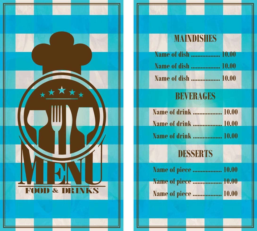 restaurant menu ontwerp. voedsel en drankjes menu retro stijl blauw tafelkleed achtergrond vector