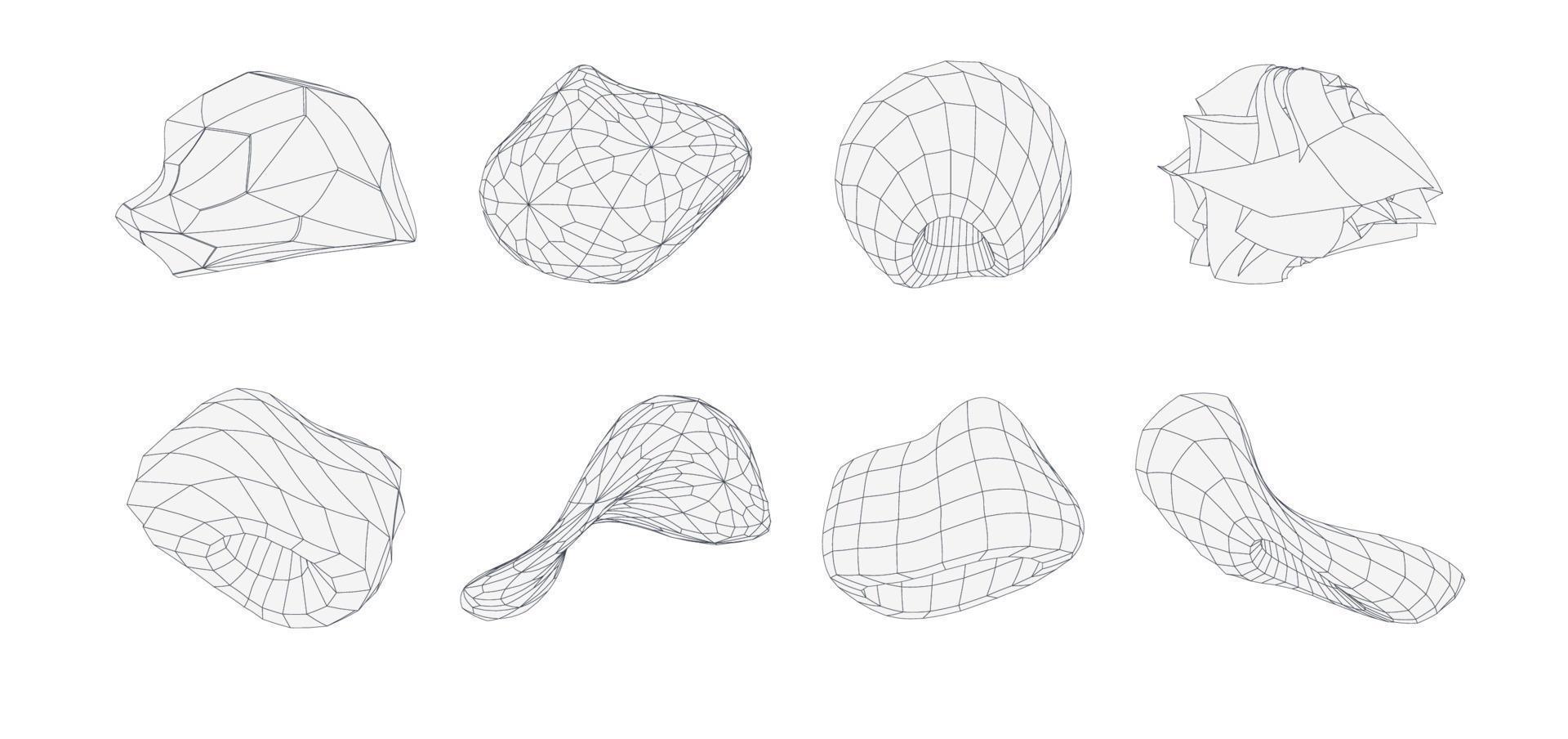 3d meetkundig vormen set. wireframe vector figuren. grafisch lijn objecten.