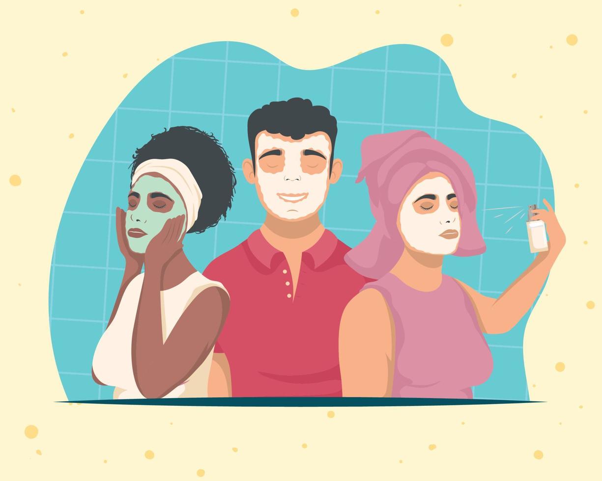 drie personen met huidsverzorging maskers vector