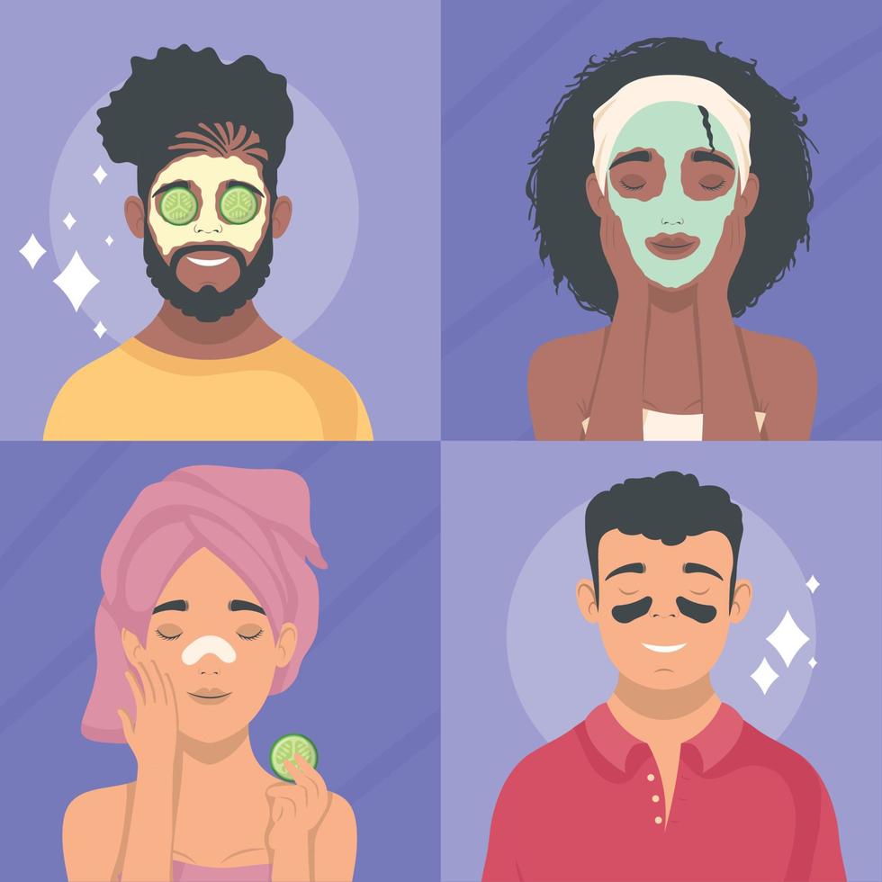 vier personen met huidsverzorging maskers vector