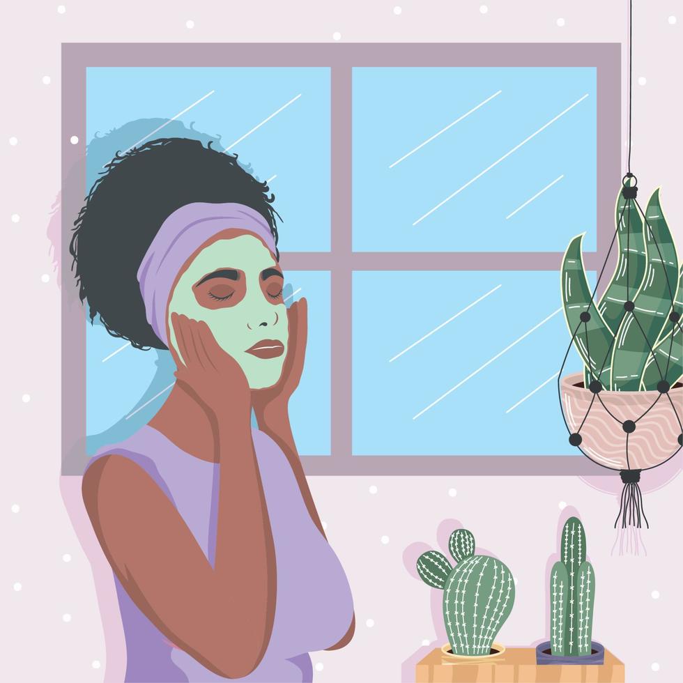 afro vrouw met masker en kamerplanten vector