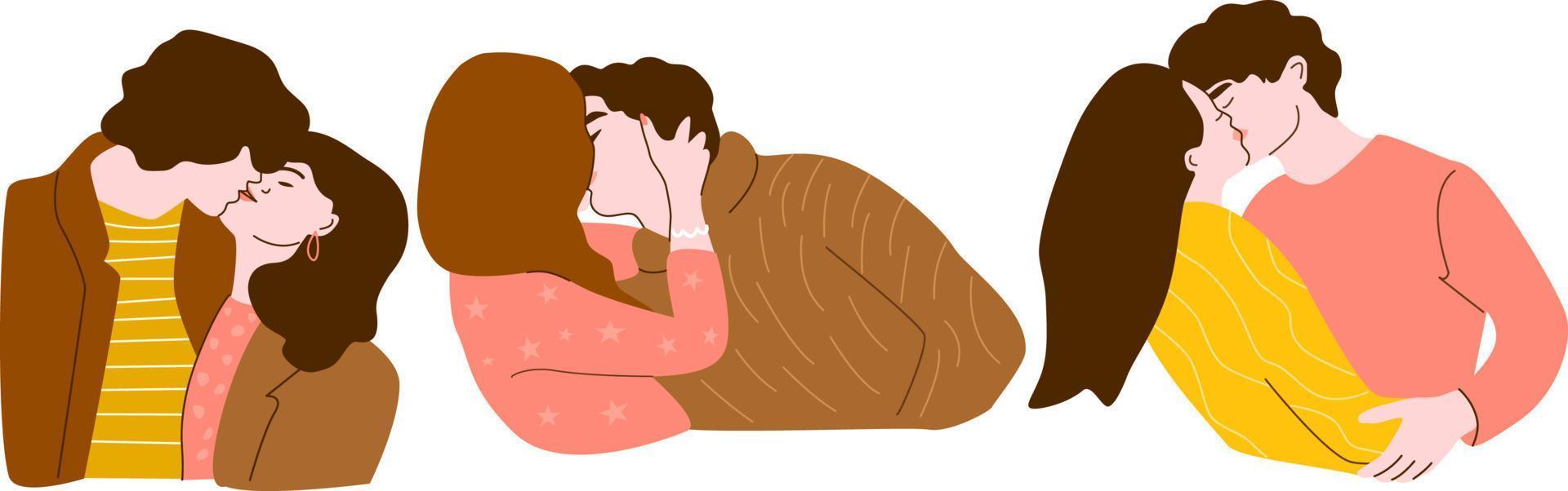 een reeks van romantisch zoenen paren in wijnoogst sepia kleuren. mannen en Dames in liefde, vector illustratie geïsoleerd Aan wit achtergrond.