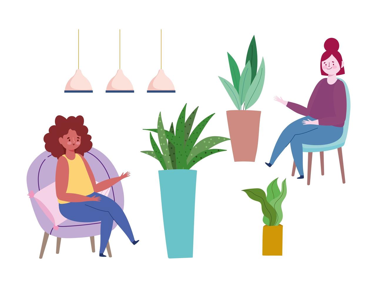 vrouwen zitten op stoelen met potplanten icon set vector