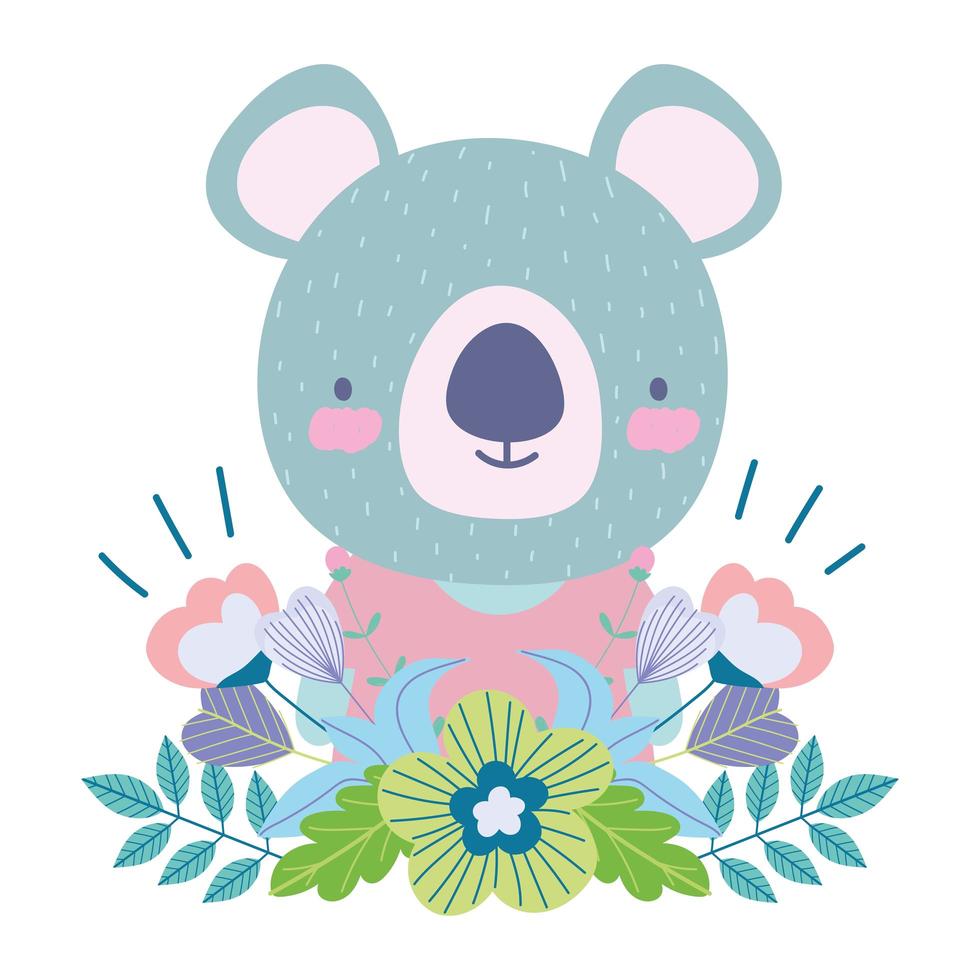 schattige koala met bloemen en bladeren vector