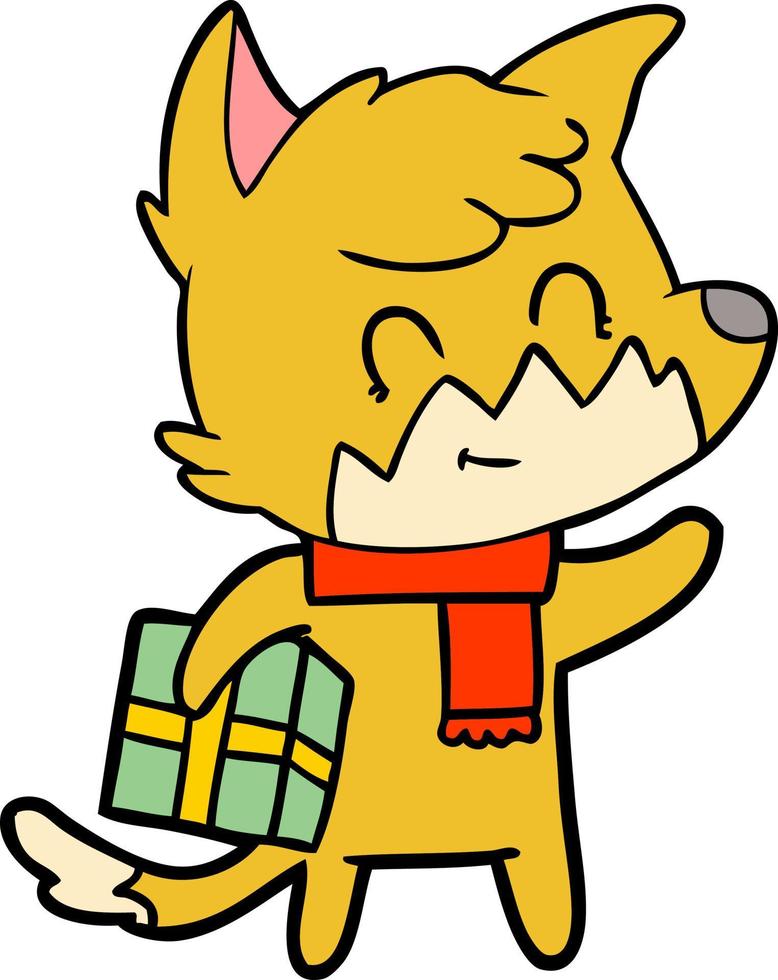 tekenfilm gelukkig vos met geschenk vector