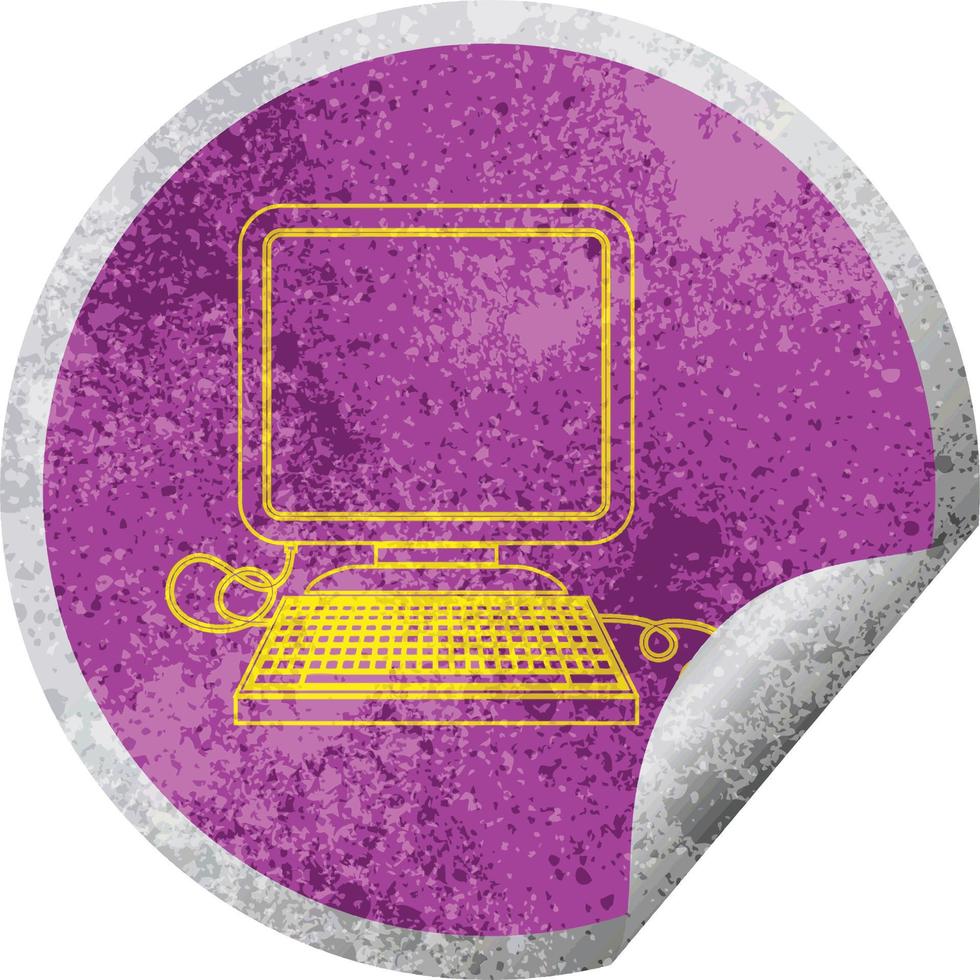 computer met muis en scherm circulaire pellen sticker vector