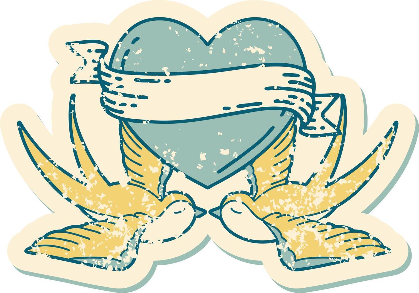 verontrust sticker tatoeëren stijl icoon van een zwaluwen en een hart met banier vector