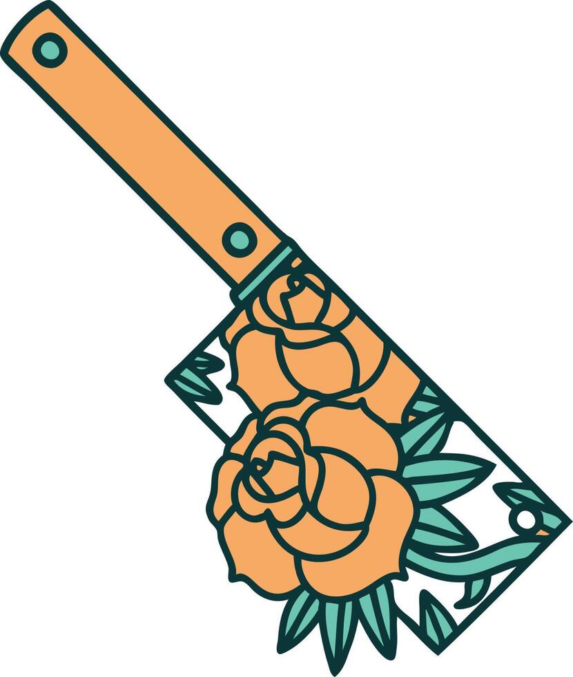 tatoeëren stijl icoon van een hakmes en bloemen vector