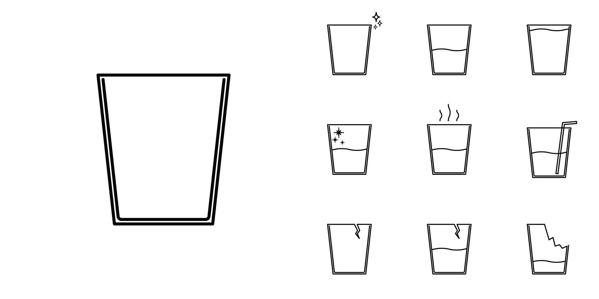 tien sets van glas of kop lijn pictogrammen. met rietje, verkoudheid water en heet water. gemakkelijk, lijn, silhouet en schoon stijl. zwart en wit. geschikt voor symbolen, tekens, pictogrammen of logos vector