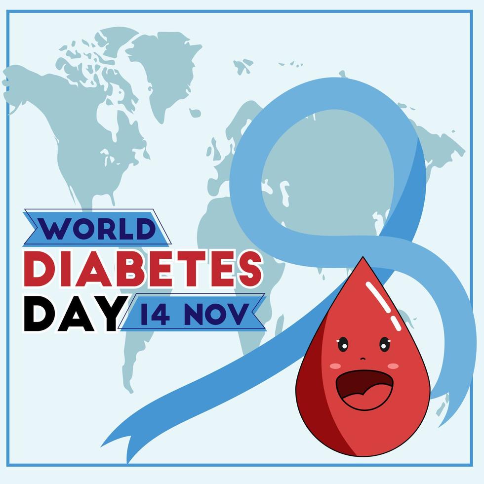 wereld diabetes dag bewustzijn poster banier achtergrond ontwerp met blauw lint en cirkel insigne Aan wereld kaart vector