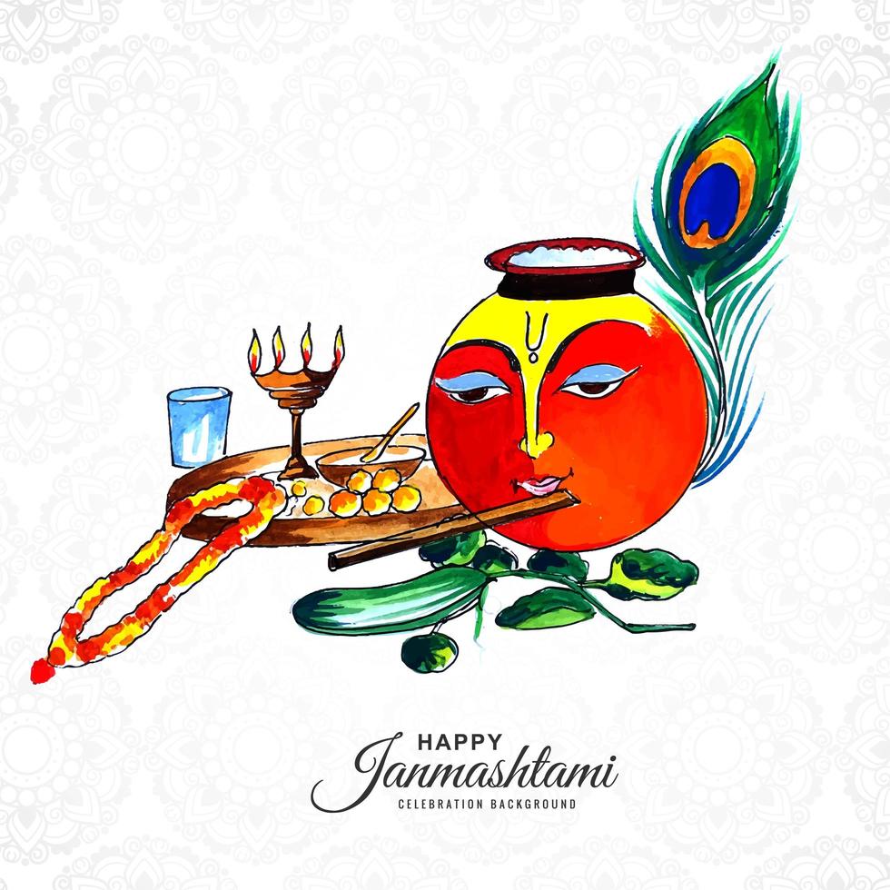 shree krishna gezicht op pot janmashtami kaart achtergrond vector