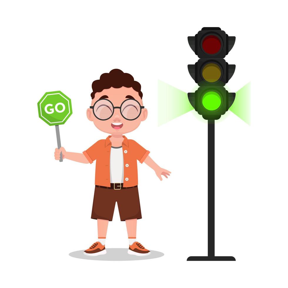 de kind is Holding een teken Gaan. de verkeer licht shows een groen signaal vector