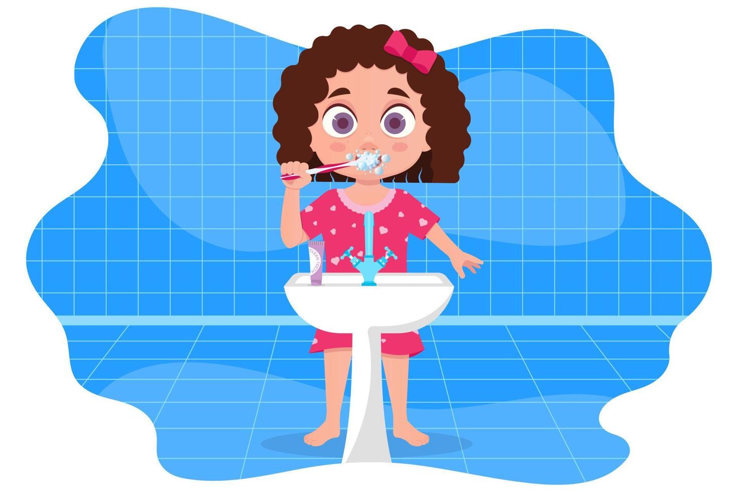 kind in pyjama poetsen zijn tanden, in de badkamer vector