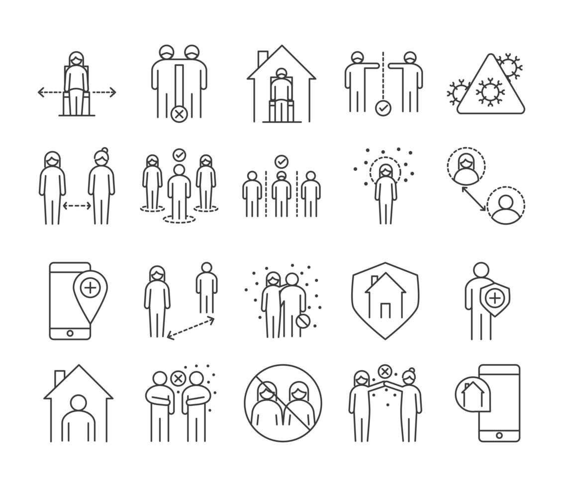 virale infectie en sociale afstand pictogram icon pack vector