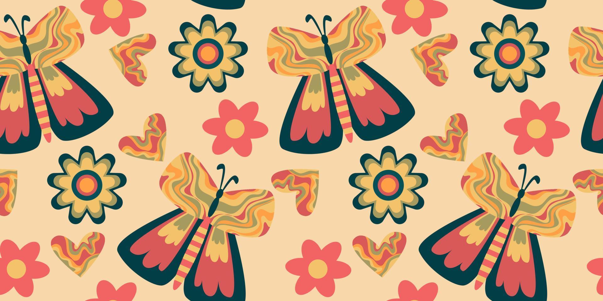 retro vlinder groovy naadloos patroon. boho vector achtergrond. hippie psychedelisch naadloos patroon. retro groovy achtergrond. ontwerp met madeliefje bloem en hart