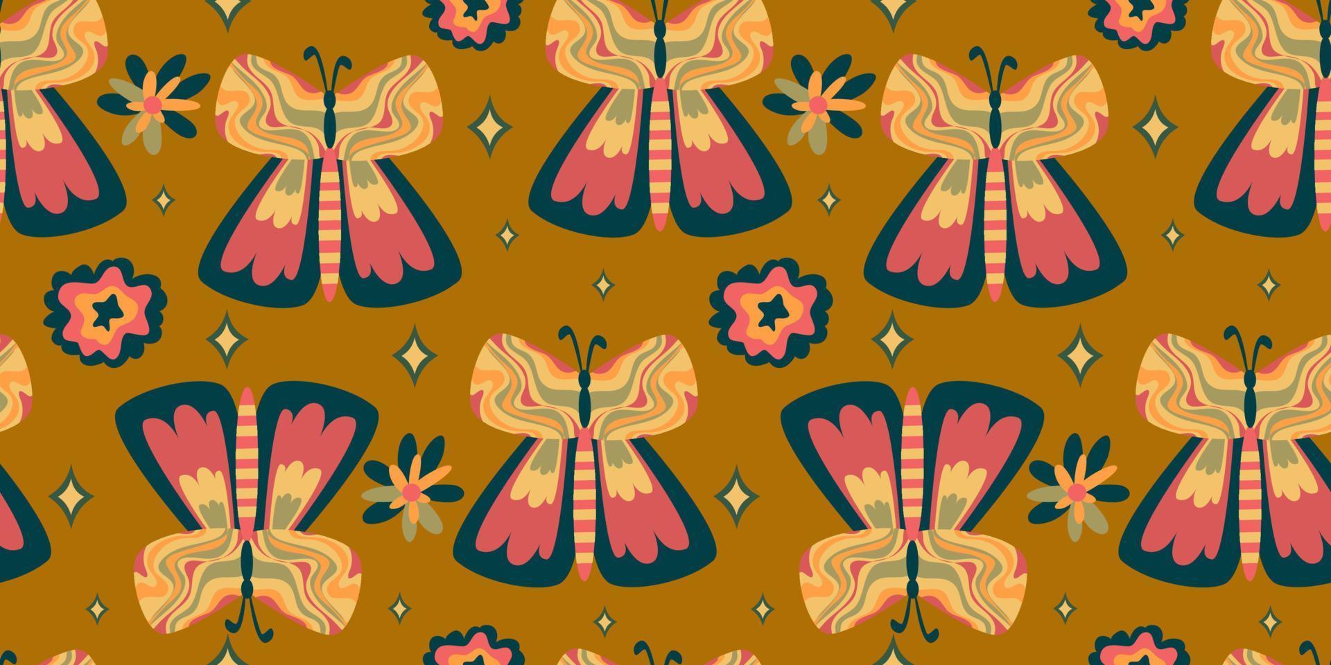 retro vlinder groovy naadloos patroon. boho vector achtergrond. hippie psychedelisch naadloos patroon. retro groovy achtergrond. ontwerp met madeliefje bloem