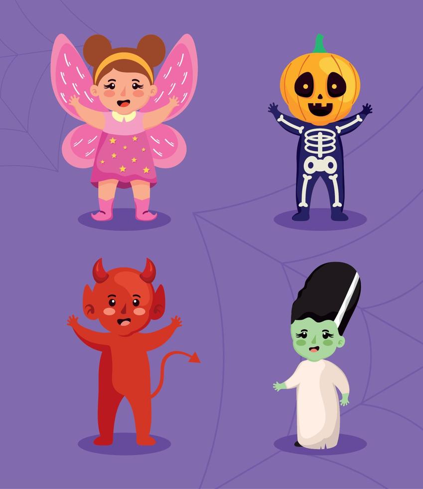 vier kinderen met halloween klanten vector
