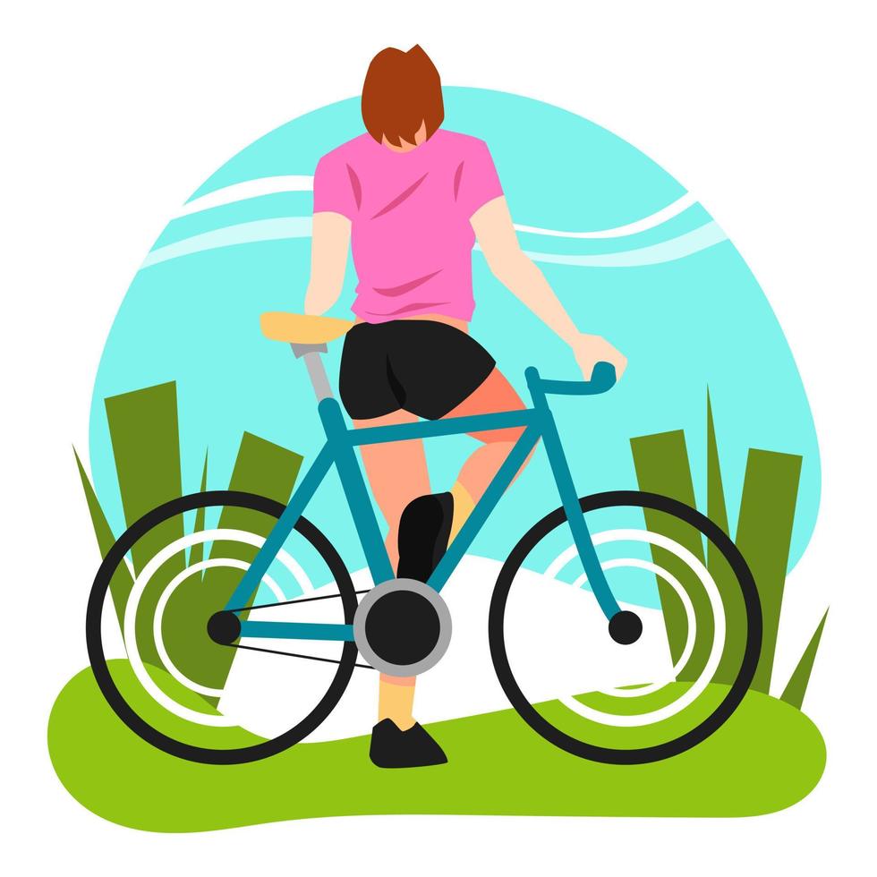 illustratie van mooi meisje met kort haar. terug visie. zittend Aan de fiets. gras achtergrond, lucht. de concept van wielersport, sport, vrije tijd, hobby's, enz. vlak vector stijl