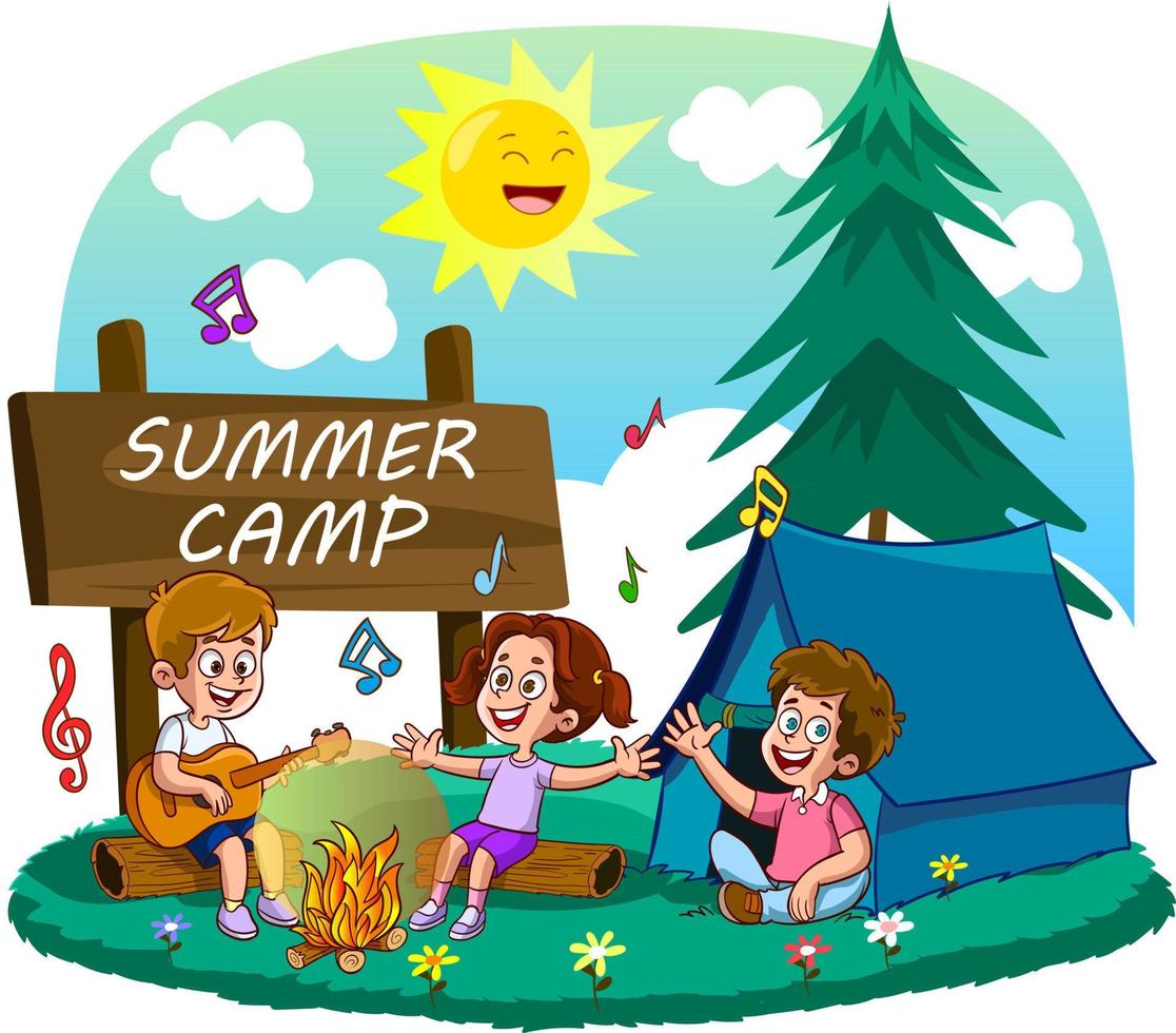 kinderen genieten van zomer kamp activiteiten in vector