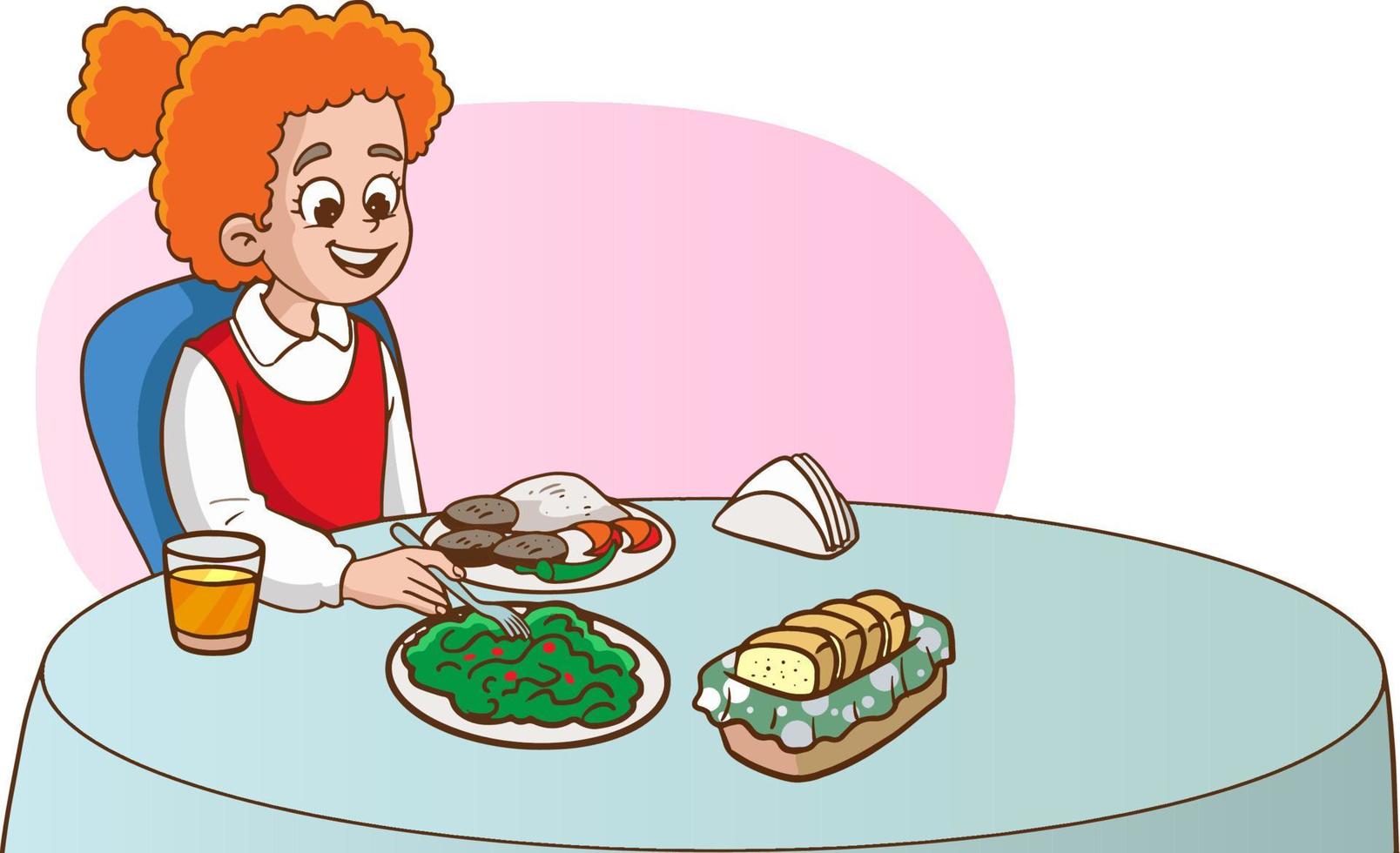vector illustratie van schoolmeisje aan het eten Bij de tafel