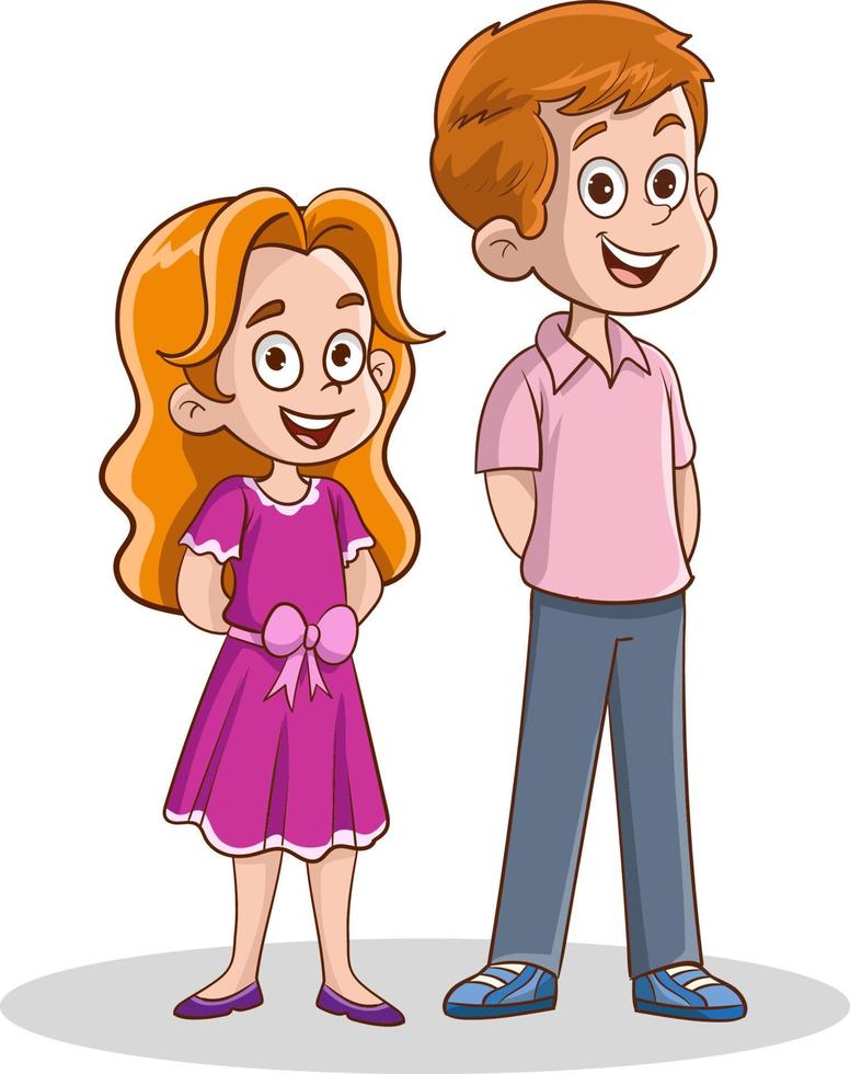 paar van weinig jongen en meisje. portret van gelukkig kinderen staand samen. schattig glimlachen kinderen. gekleurde vlak vector illustratie van kleuters geïsoleerd Aan wit achtergrond