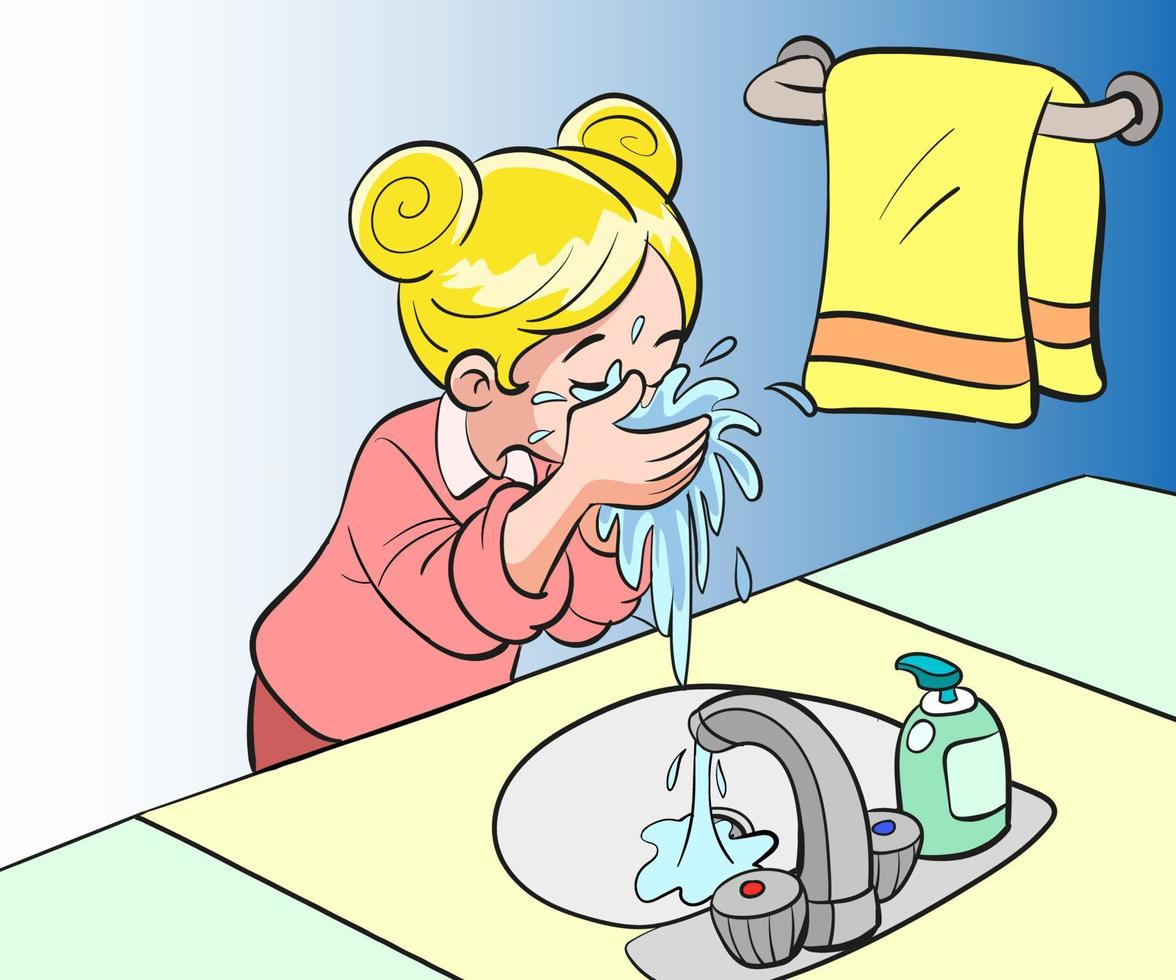 illustratie van meisje het wassen haar gezicht in badkamer vector