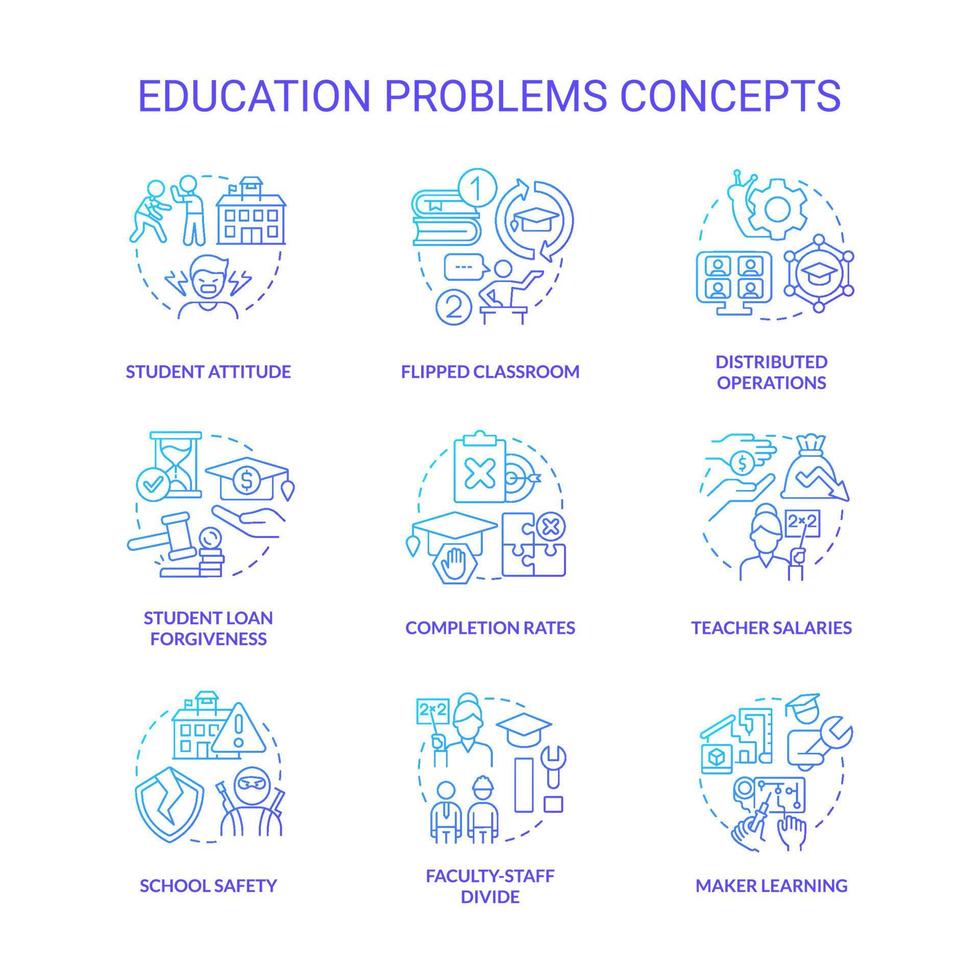 onderwijs probleem blauw helling concept pictogrammen set. studenten problemen. onderwijs systeem uitdagingen idee dun lijn kleur illustraties. geïsoleerd symbolen. vector