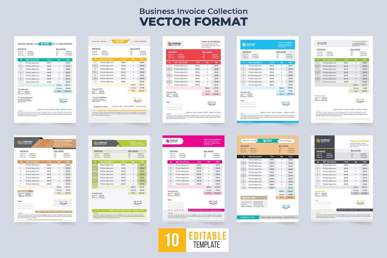 creatief factuur sjabloon verzameling vector met kleurrijk tinten. betaling overeenkomst en factuur Bill sjabloon bundel met Product prijs secties. contant geld bon ontwerp reeks voor zakelijke bedrijf.