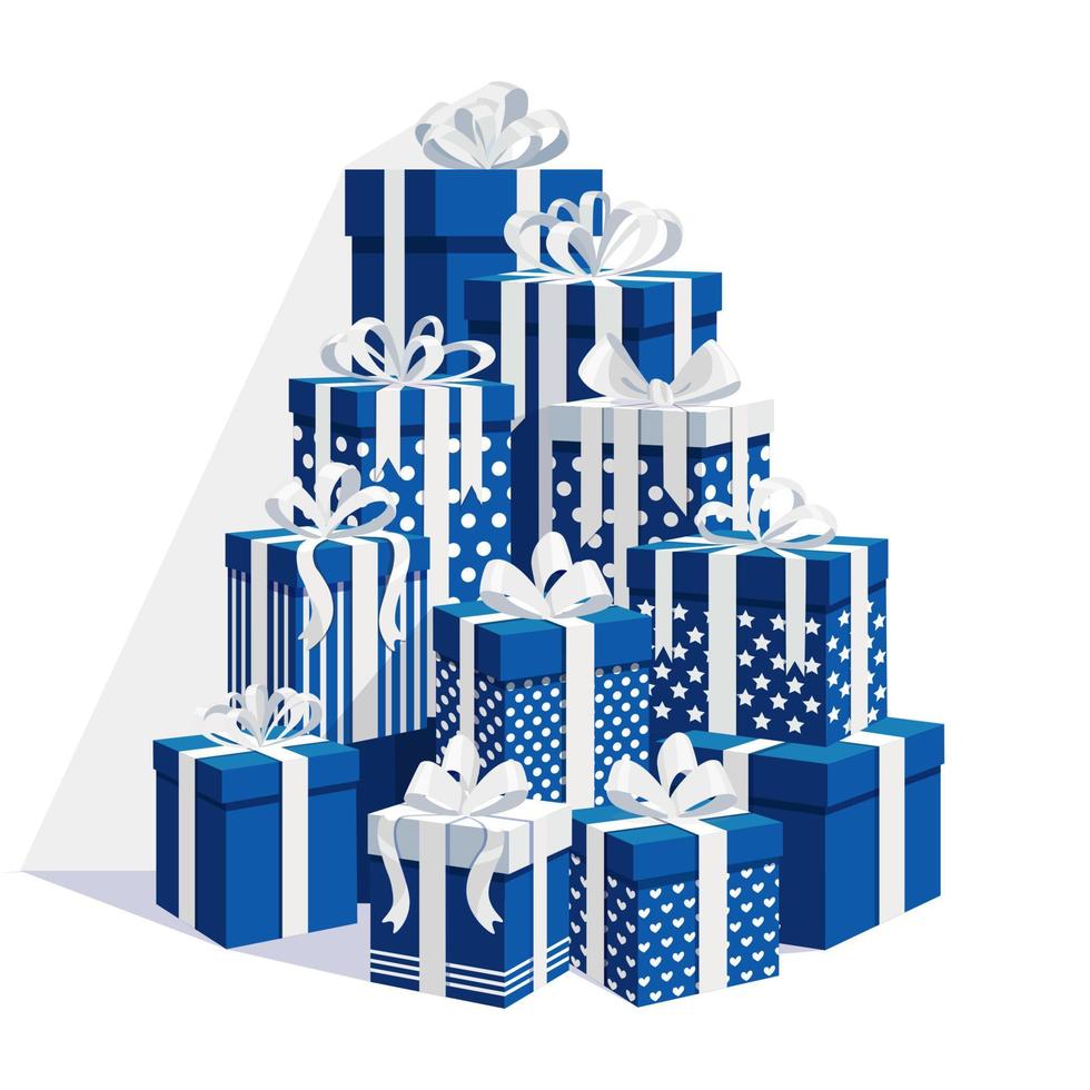 groot stapel van geschenk doos, Cadeau met lint, boog geïsoleerd Aan achtergrond. stack van vakantie presenteert. Kerstmis boodschappen doen concept. verrassing voor verjaardag, verjaardag, bruiloft vector