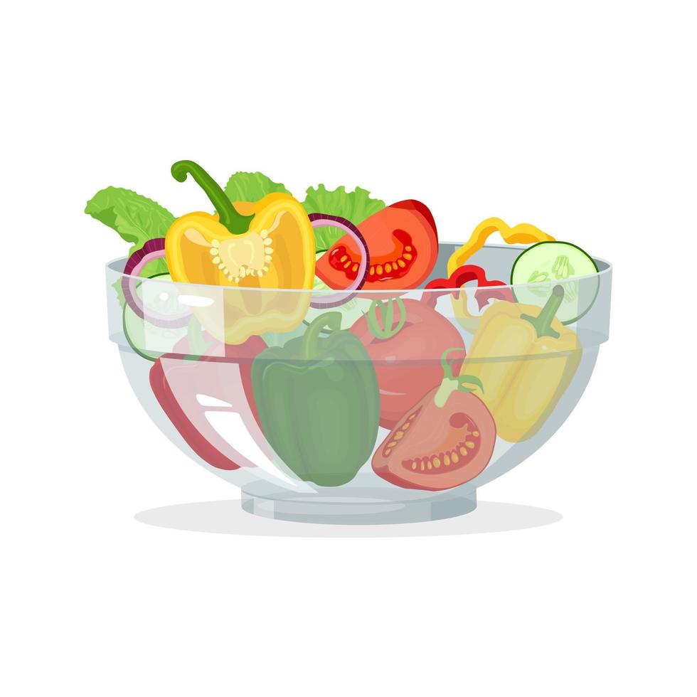 glas kom met groenten salade. tomaten, klok pepers, uien, peterselie, komkommer, olijven vector