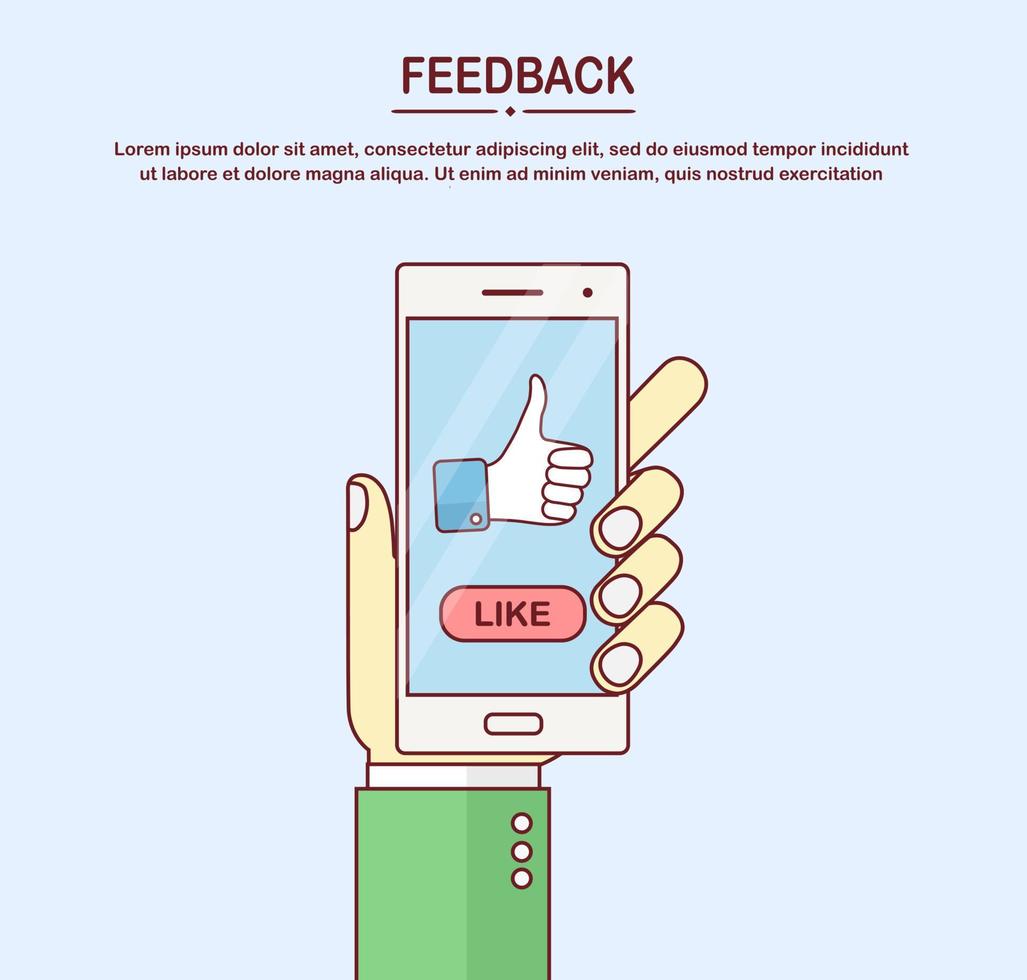 menselijk hand- houden mobiel telefoon met duimen omhoog teken. sociaal media houdt van, klant feedback, uitstekend opnieuw bekijken, stemmen vector