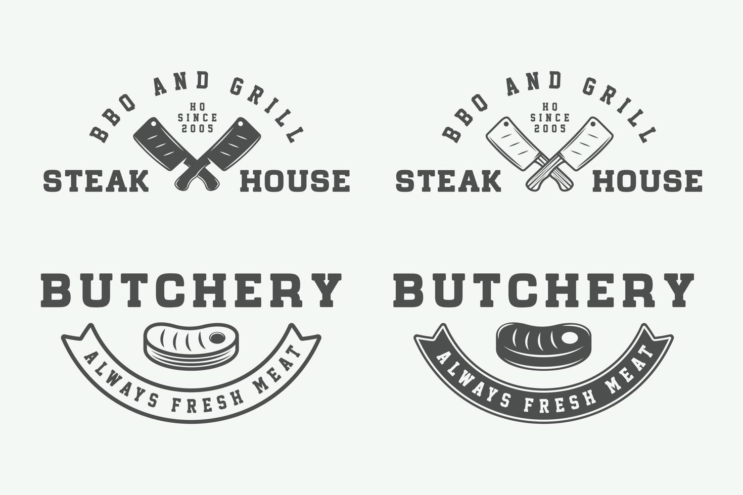 reeks van wijnoogst slagerij vlees, steak of bbq logo's, emblemen, insignes, etiketten. grafisch kunst. illustratie. vector