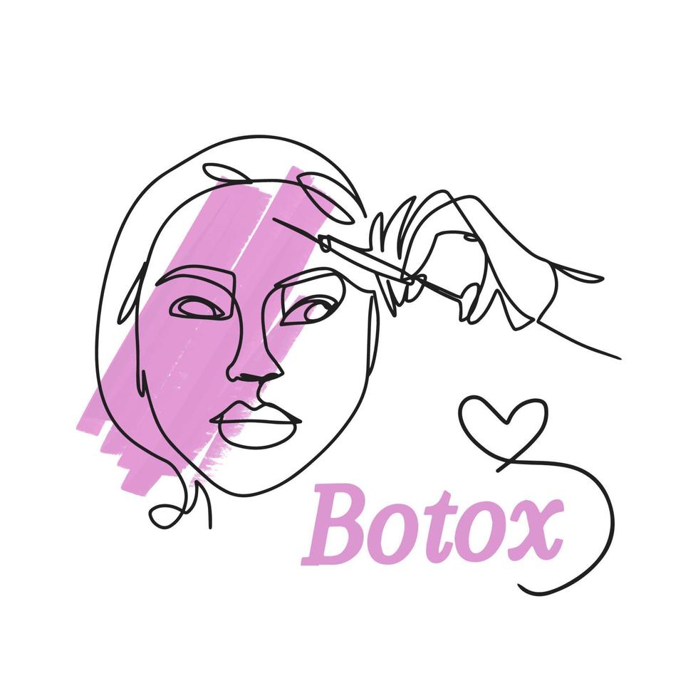 een lijn tekening, botox, handgeschreven inscripties, een meisje gezicht, een injectiespuit voor injecties in haar hand- vector