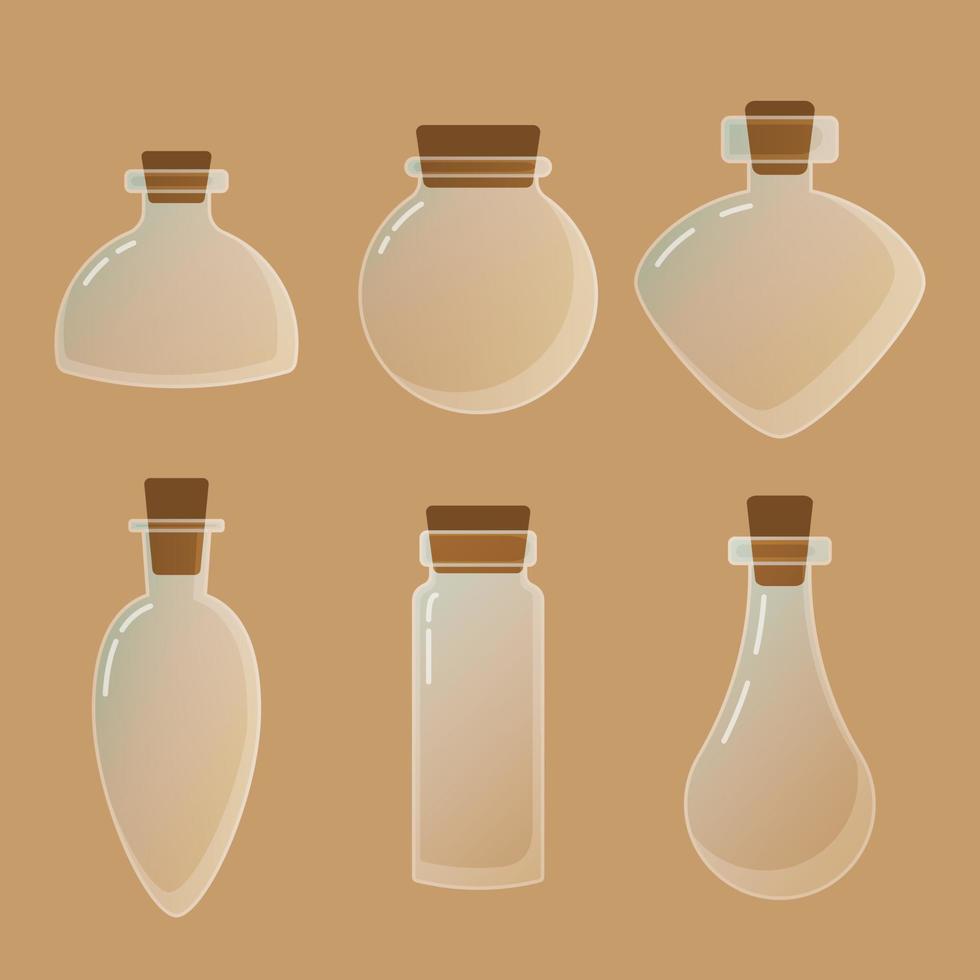 reeks van verschillend leeg glas weinig flessen voor vloeistof toverdrank fantasie elixer. spel icoon gui voor app spellen gebruiker koppel vector