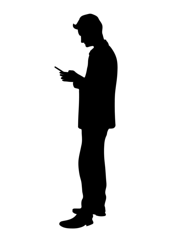 grafisch silhouet zakenman houdt smartphone vast voor verbinding door technologie vectorillustratie vector