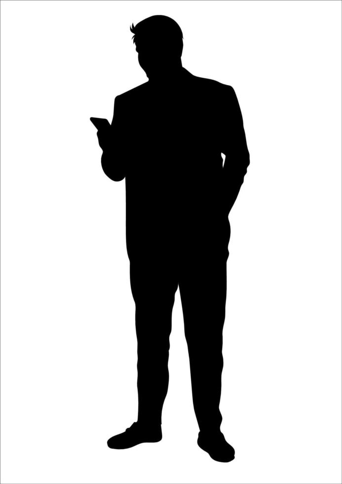 grafisch silhouet zakenman houdt smartphone vast voor verbinding door technologie vectorillustratie vector