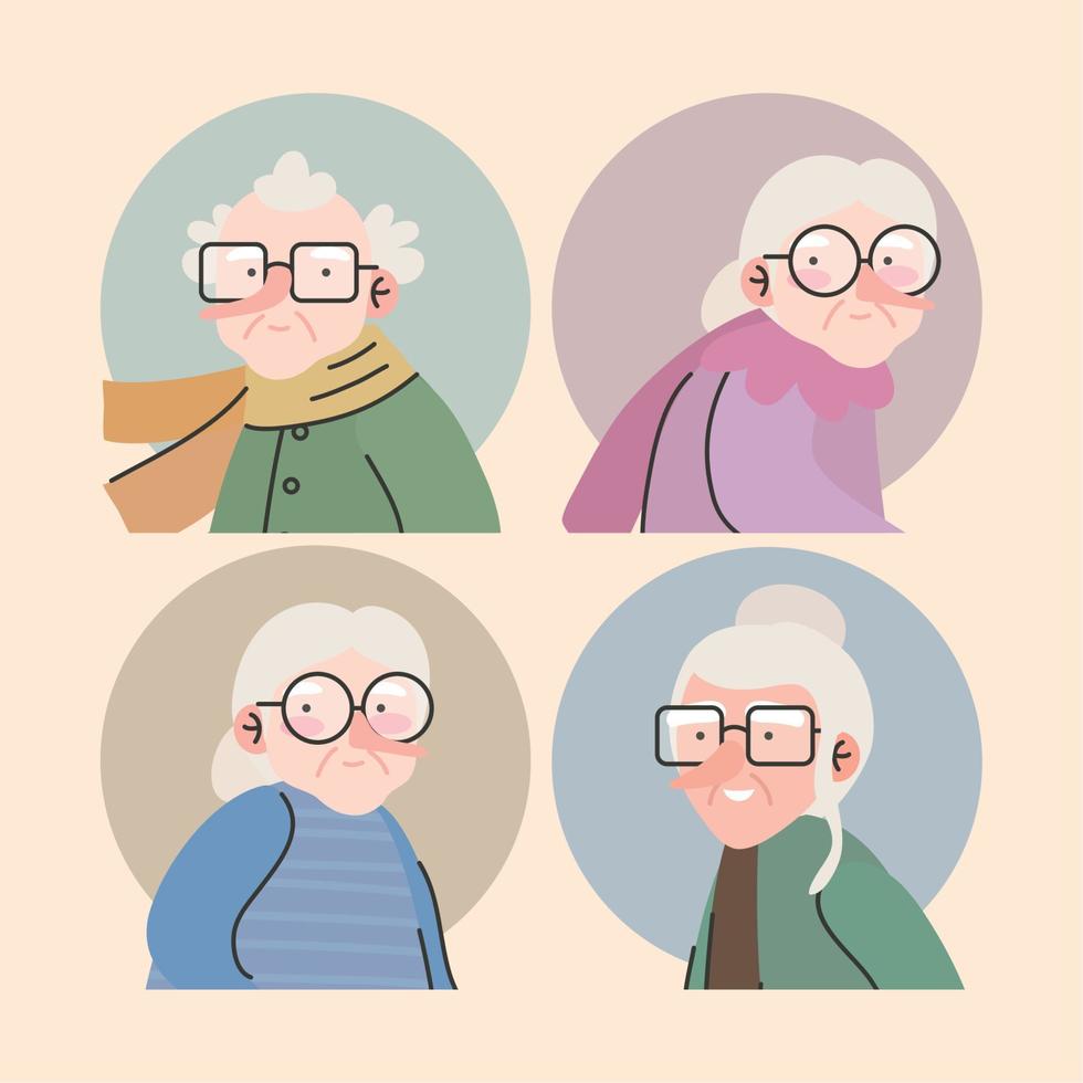 groep van vier grootouders avatars tekens vector