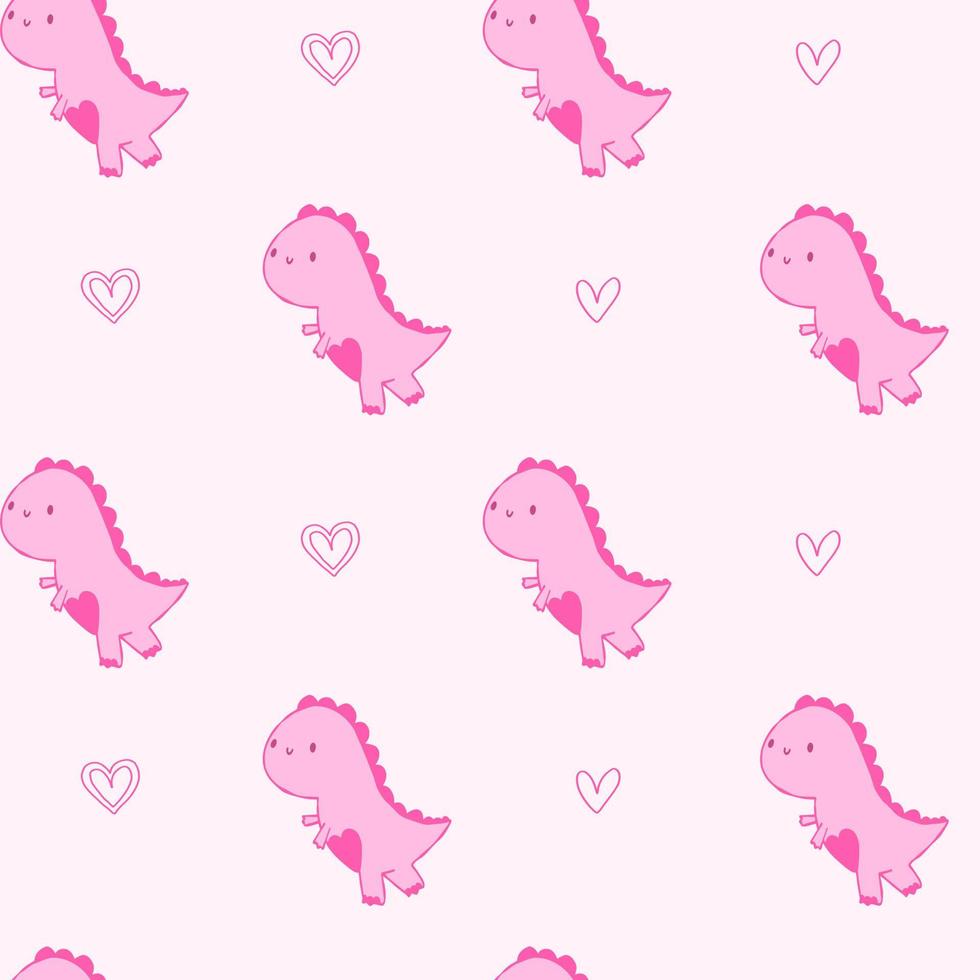 weinig schattig dinosaurus met lijn harten tekening. roze pastel patroon voor papier, baby, plakboek, kinderen. vector