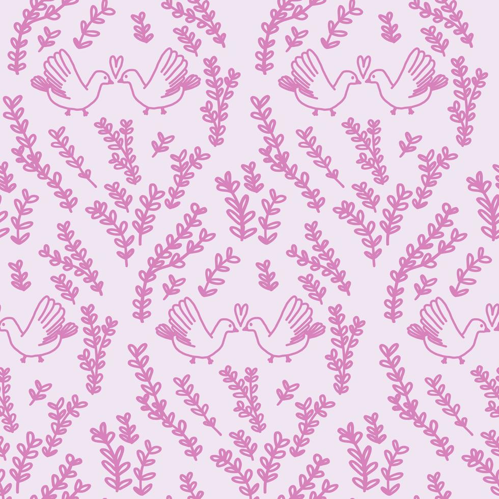 weinig schattig vogelstand wit duiven zoenen met takken tekening. roze patroon voor bruiloft, papier, baby, plakboek, Valentijnsdag dag. vector