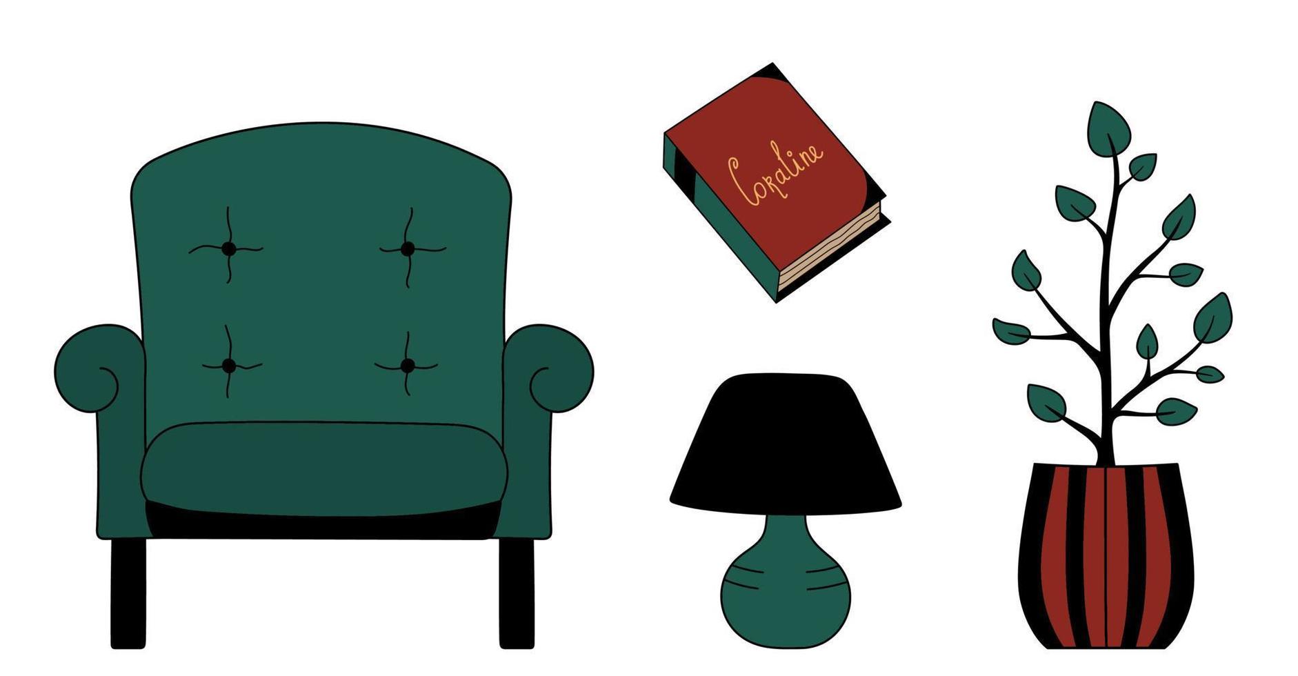 tekening reeks van interieur artikelen. geïsoleerd hand- getrokken fauteuil, lamp, huis plant, boek klem kunst. vector knus illustratie