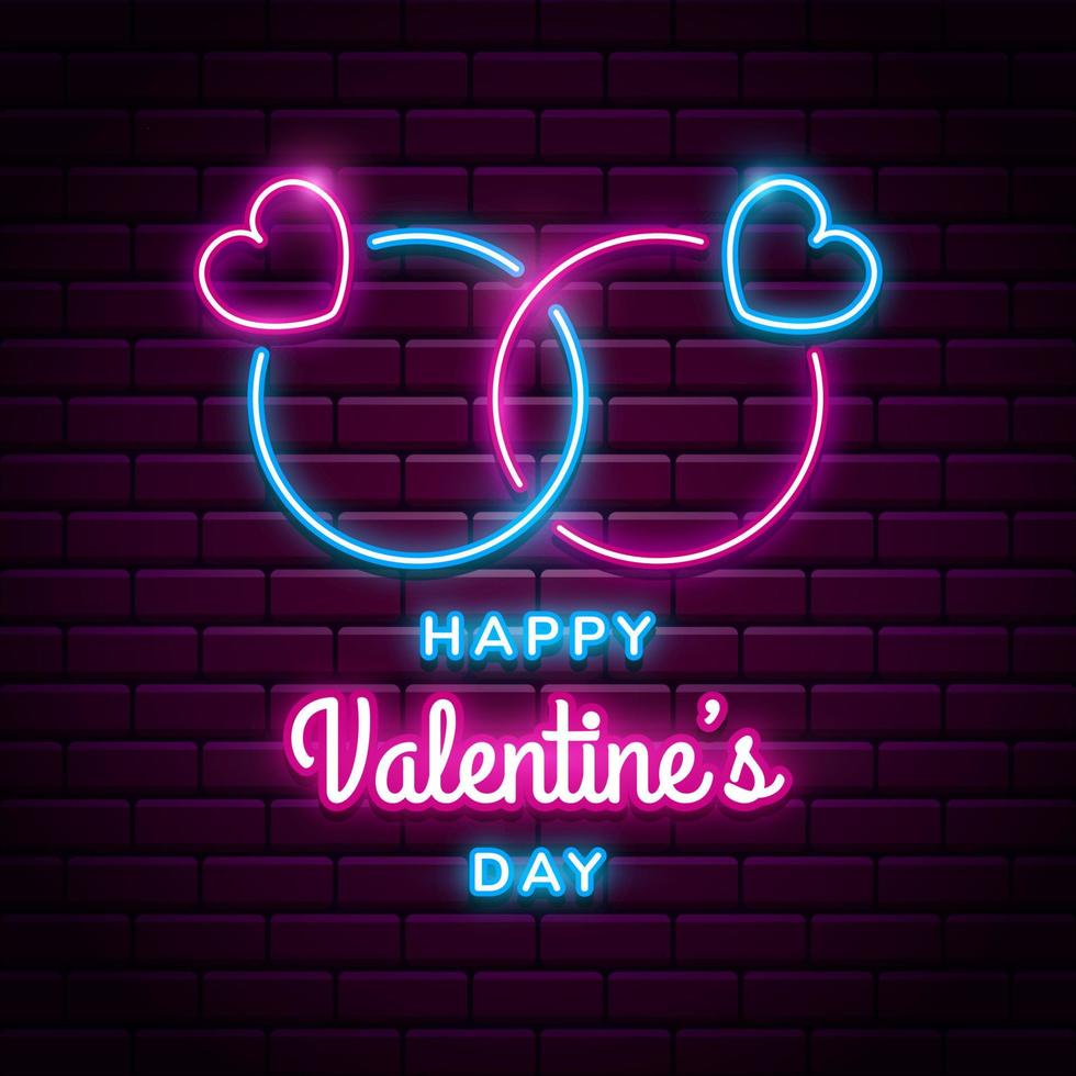 gelukkig Valentijnsdag dag achtergrond met helder roze vector neon hart Aan rood steen muren