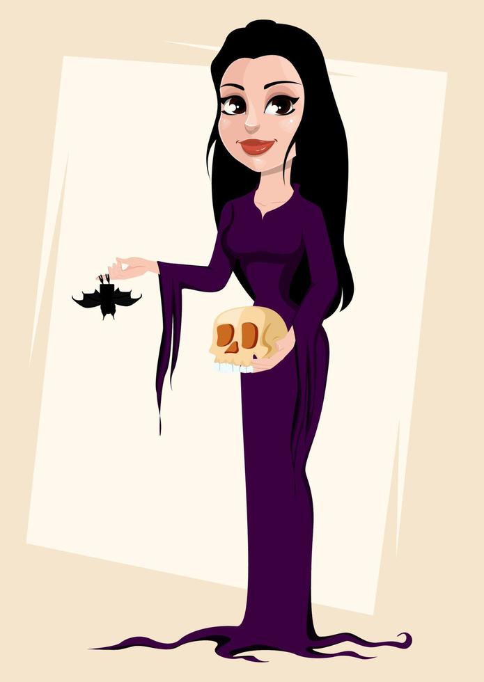 gelukkig halloween feest. mooi dame in gotisch stijl vervelend zwart lang jurk. vector