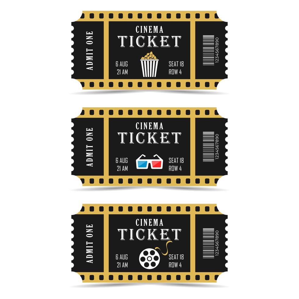 realistisch bioscoop kaartjes. in zwart, goud kleuren. elegant bioscoop kaartjes vector