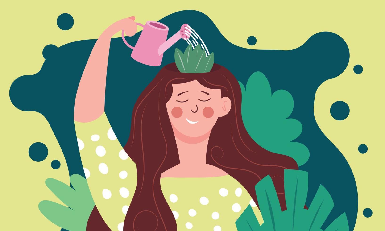 positief groei manier van denken in vrouw en optimistisch visie van leven. meisje is gieter de bloemen in hoofd en brein. menselijk mentaal en psychologisch Gezondheid of motivatie met ontwikkeling vector illustratie