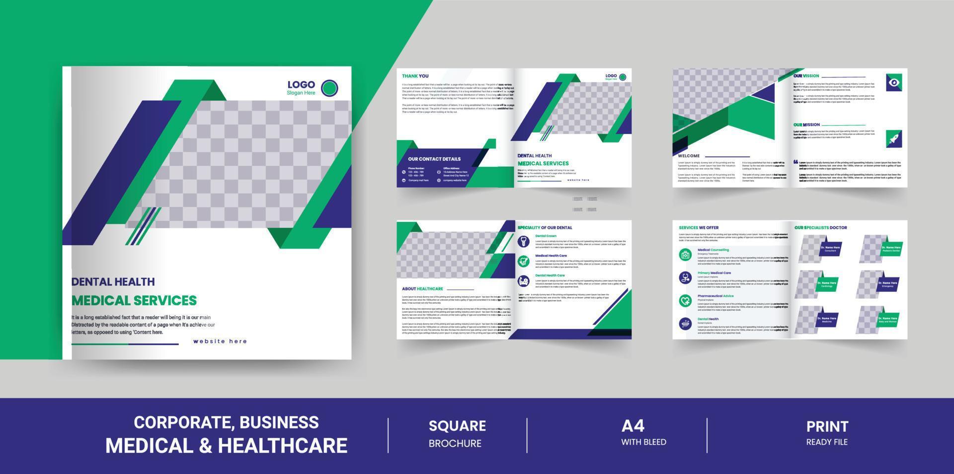 8 Pagina's plein medisch brochure sjabloon presentatie, jaar- rapport, tweevoudig plein brochure ontwerp vector