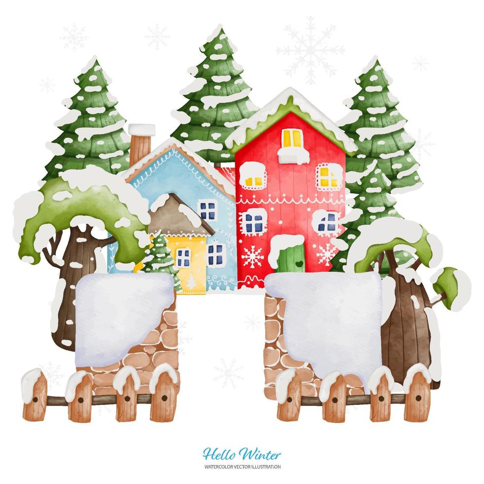 twee winter huis met Kerstmis boom en steen schutting, waterverf vector illustratie