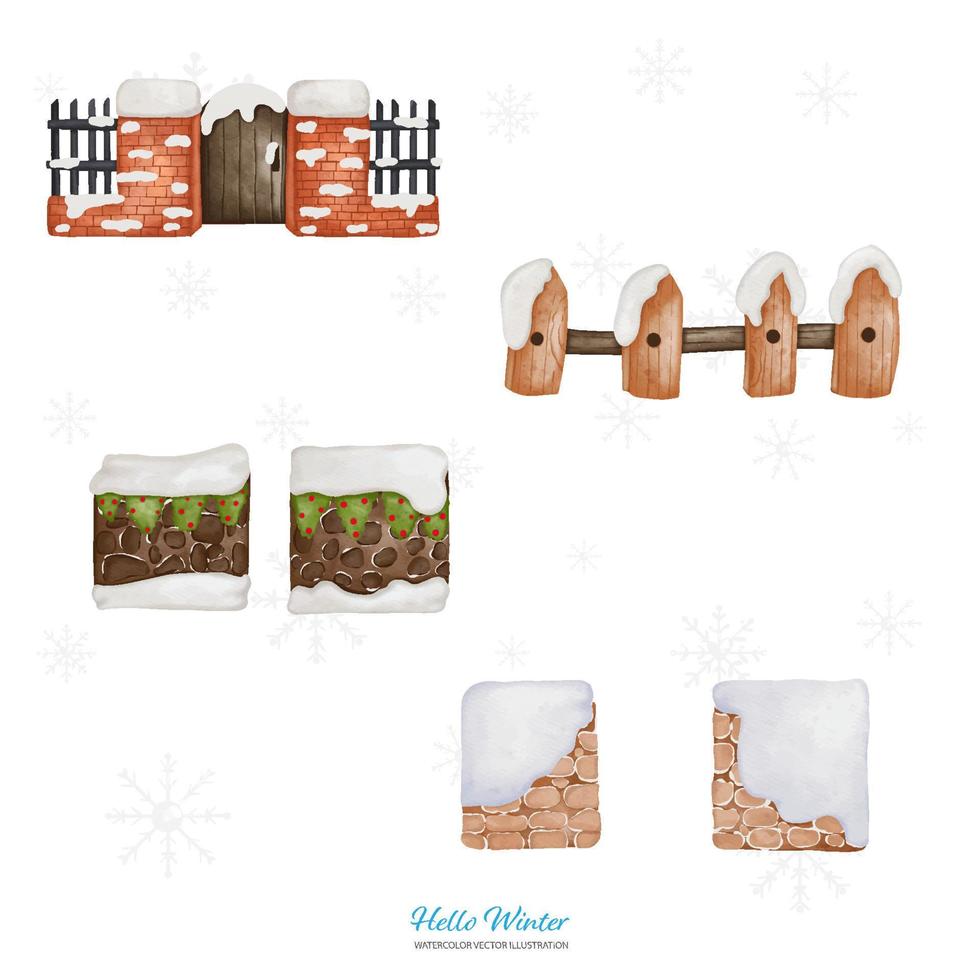 waterverf steen hek set, steen muur met sneeuw. waterverf vector illustratie